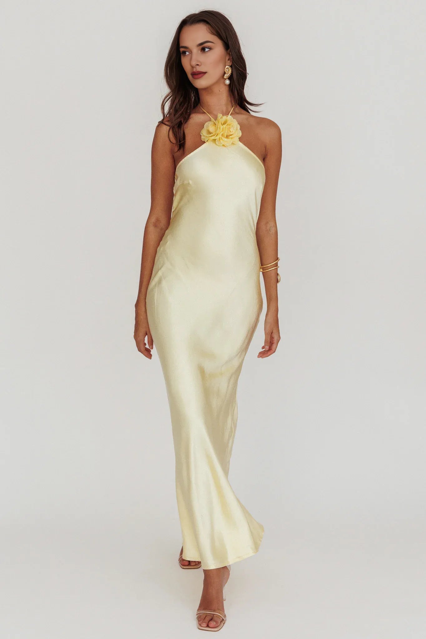 Halter Neck 3D Flower Decoration Baby Pink Evening Dress Bridesmaid Dress