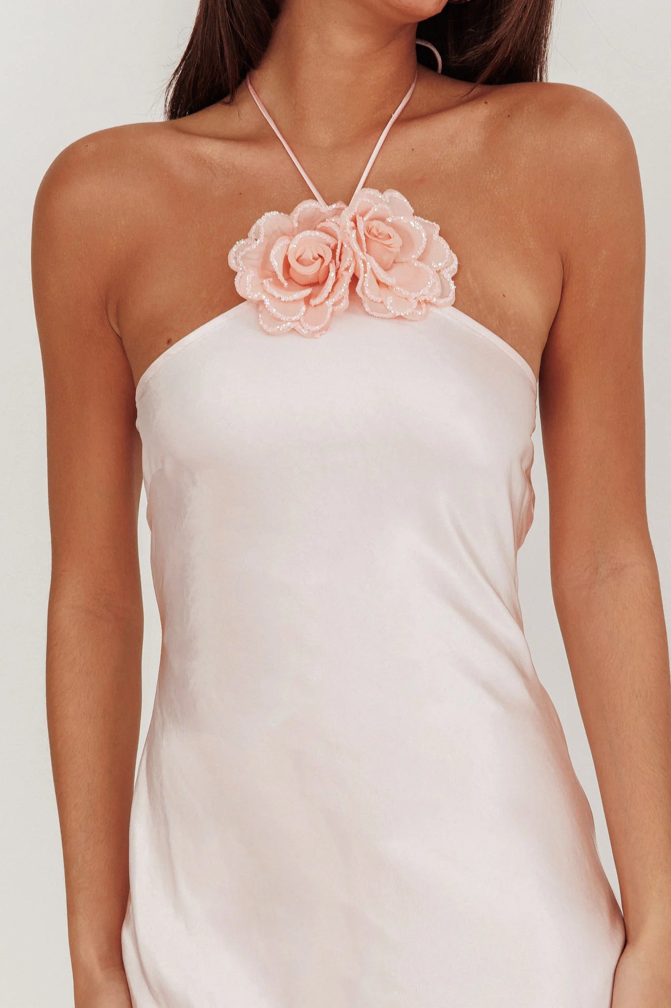 Halter Neck 3D Flower Decoration Baby Pink Evening Dress Bridesmaid Dress