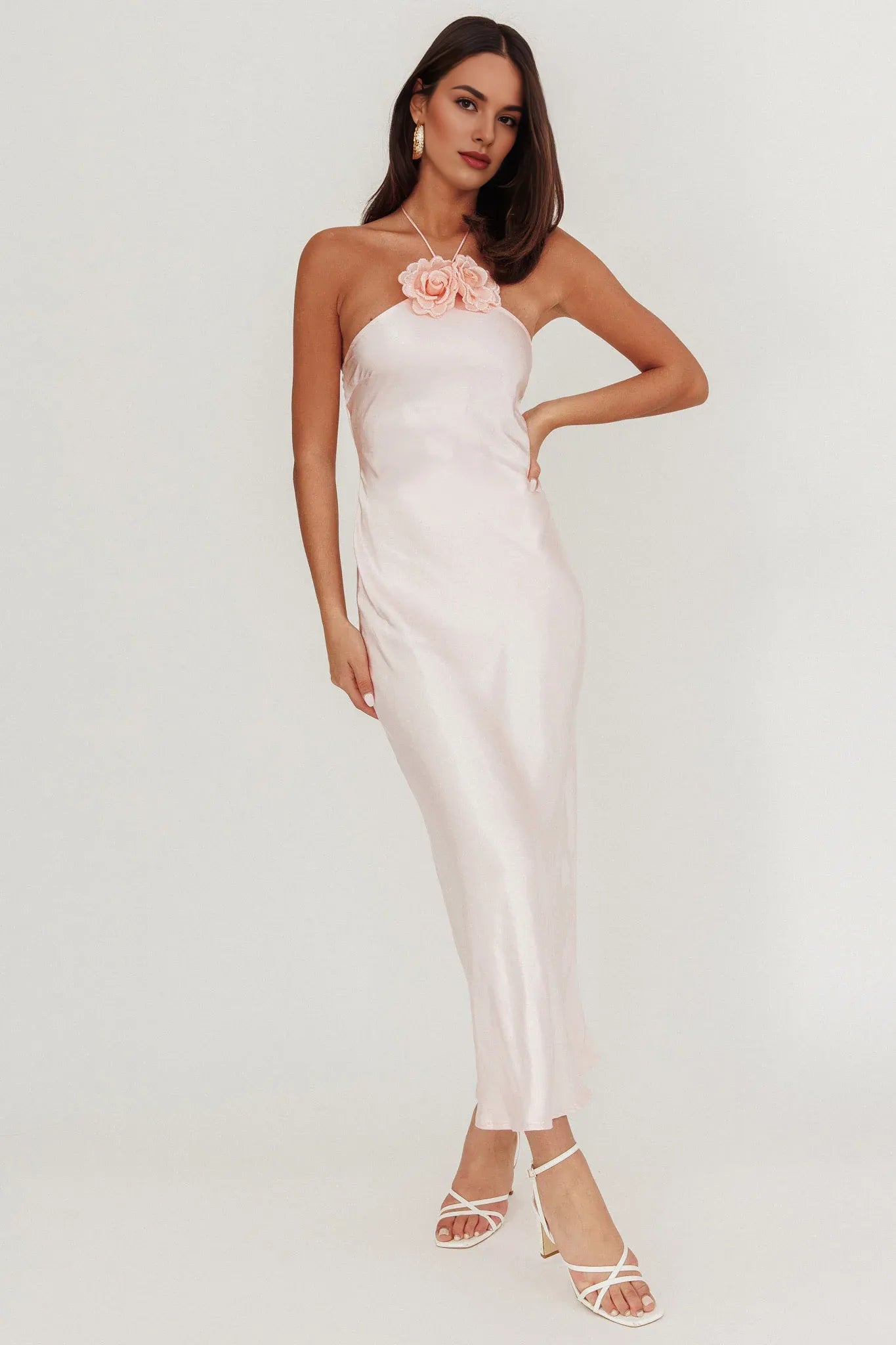 Halter Neck 3D Flower Decoration Baby Pink Evening Dress Bridesmaid Dress