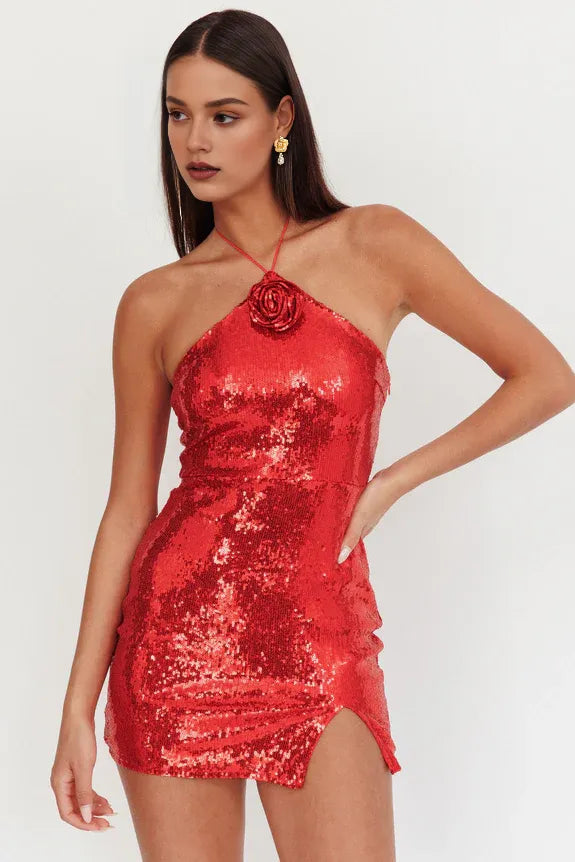 Halter Neck 3D Flower Sequin Red Mini Homecoming Dress With Slit