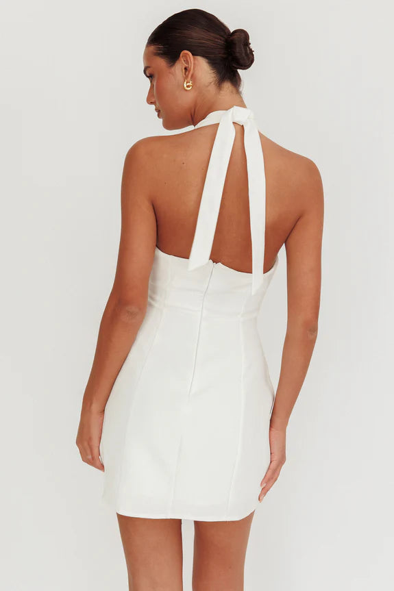 Halter Neck Cutout Open Back Off White Mini Homecoming Dress