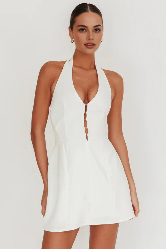 Halter Neck Cutout Open Back Off White Mini Homecoming Dress