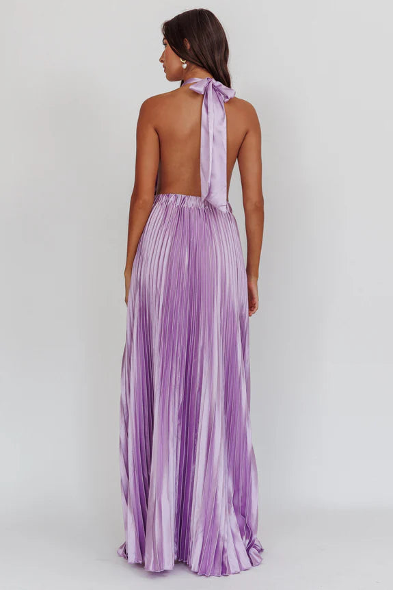 Halter Neck Cutout Pleated Open Back Satin Lavender Maxi Evening Dress