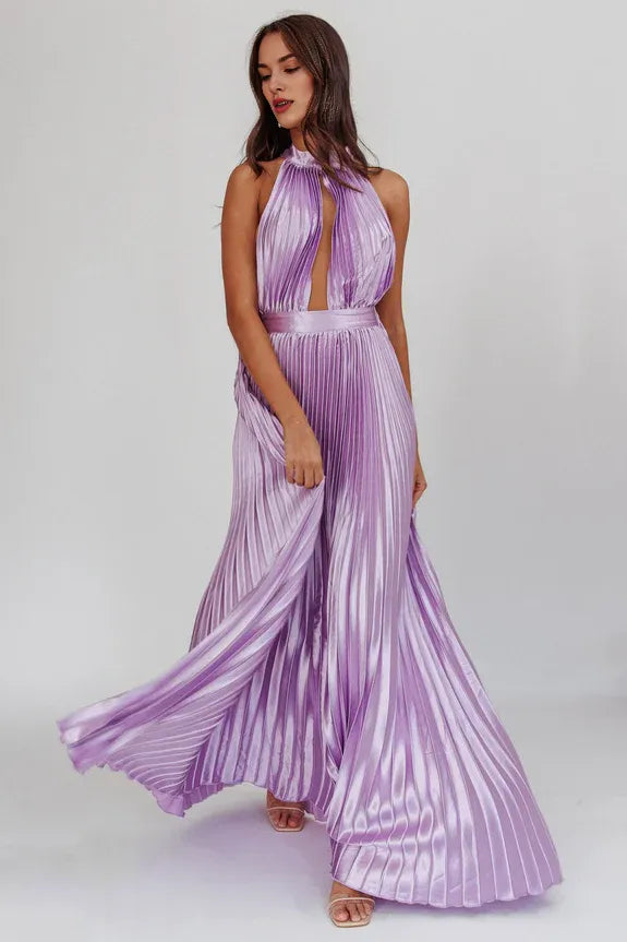 Halter Neck Cutout Pleated Open Back Satin Lavender Maxi Evening Dress