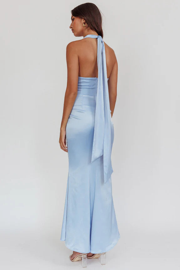 Halter Neck Cutout Pleated Open Back Satin Light Blue Maxi Evening Dress