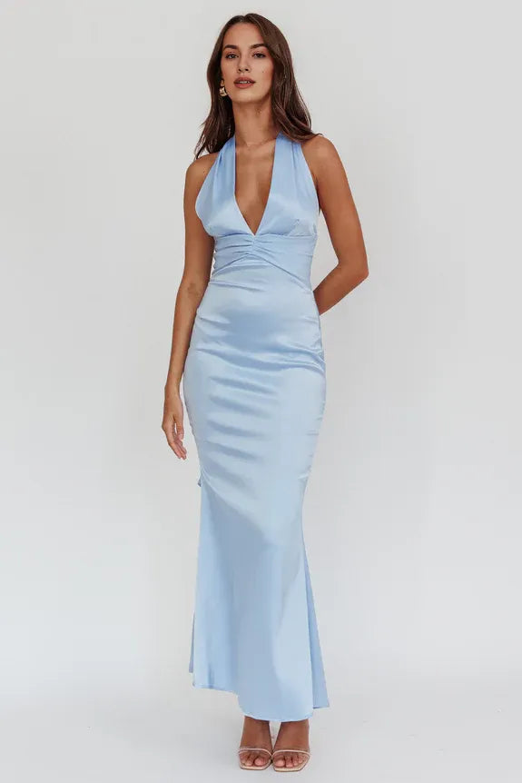 Halter Neck Cutout Pleated Open Back Satin Light Blue Maxi Evening Dress