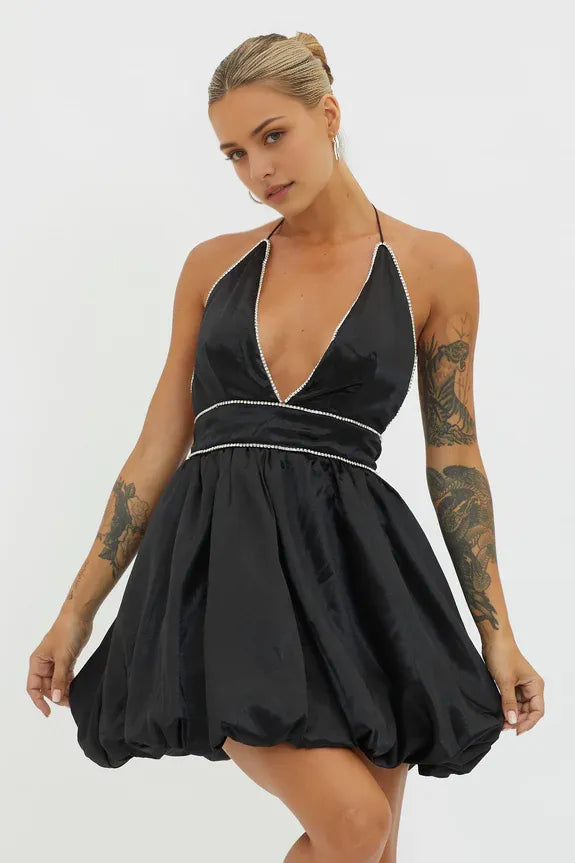 Halter Neck Diamante Backless Bubble Hem Black Homecoming Dress