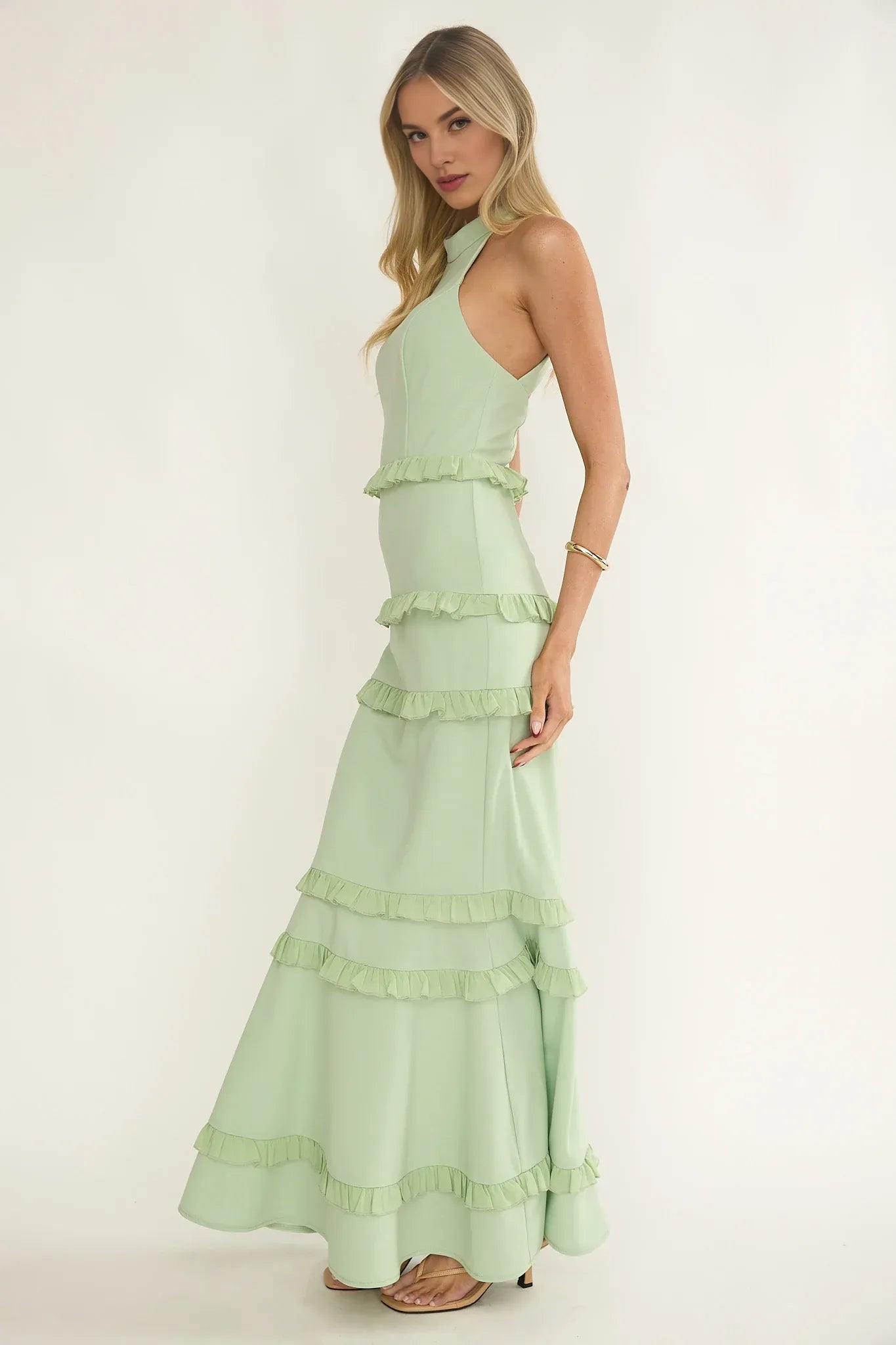 Halter Neck Frill Trim Open Back Sage Maxi Evening Dress For Women