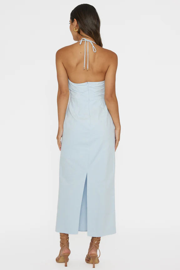 Halter Neck Gathered Bust Pale Blue Midi Evening Dress With Back Slit