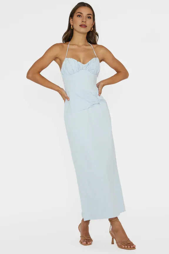 Halter Neck Gathered Bust Pale Blue Midi Evening Dress With Back Slit