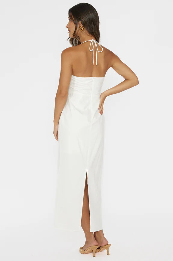Halter Neck Gathered Bust White Midi Evening Dress With Back Slit