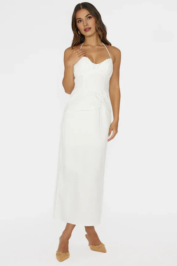 Halter Neck Gathered Bust White Midi Evening Dress With Back Slit