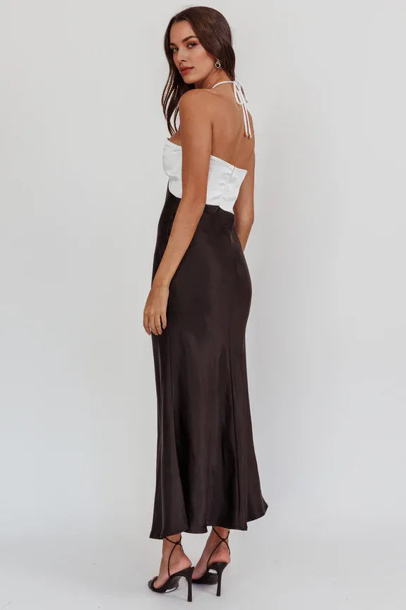 Halter Neck Knot Bust Open Back Satin Black Midi Evening Dress For Women