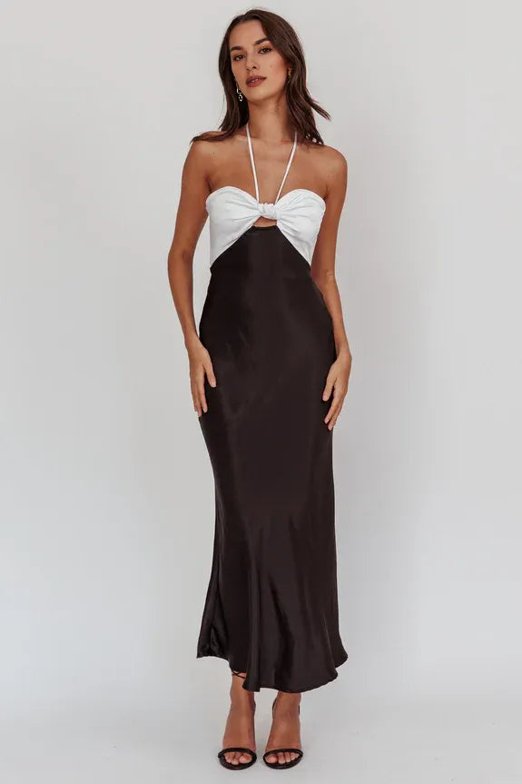 Halter Neck Knot Bust Open Back Satin Black Midi Evening Dress For Women