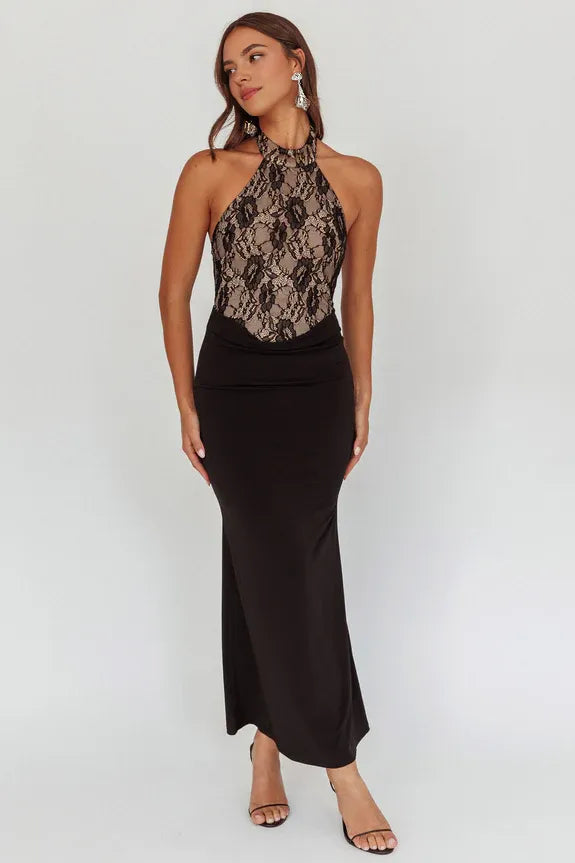 Halter Neck Lace Bodice Black Maxi Homecoming Dress Prom Dress With Button