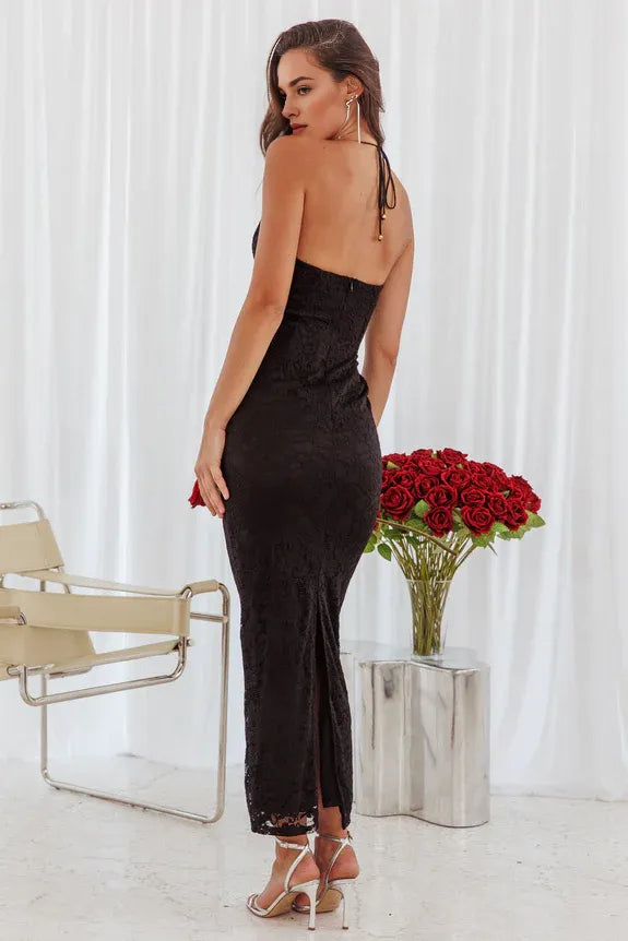 Halter Neck Lace Overlay Black Maxi Evening Dress Party Dress With Slit Back
