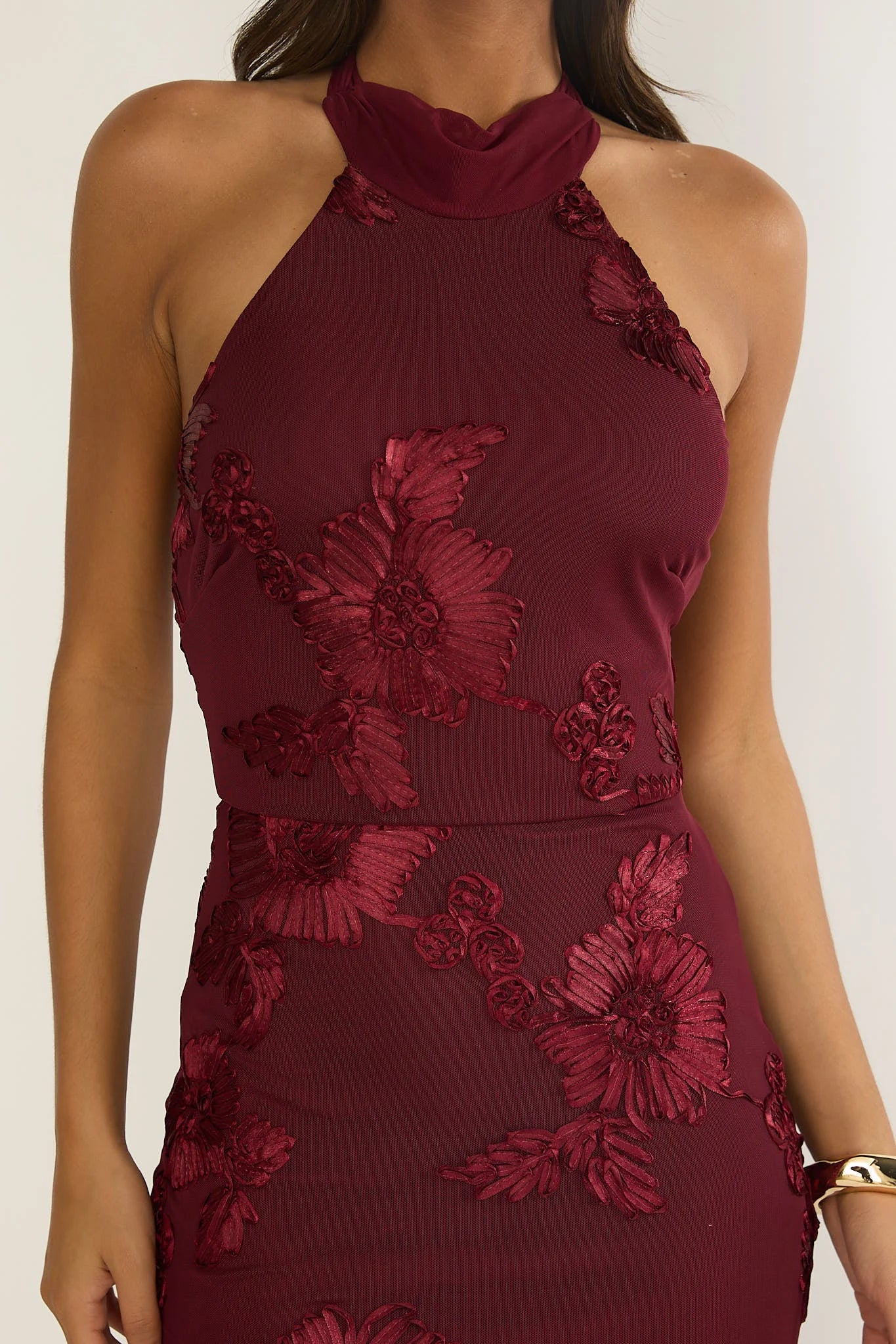 Halter Neck Open Back Floral Embellished Wine Maxi Evening Dress