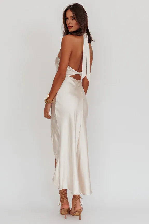 Halter Neck Open Back Twist Back Champagne Maxi Evening Dress With High Split