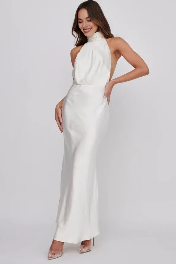 Halter Neck Pearl Cowl Back Oyster Maxi Evening Dress Party Dress