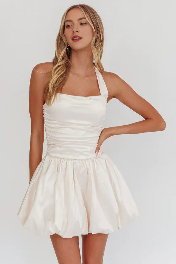 Halter Neck Pleated Cream Mini Homecoming Dress With Bubble Hem