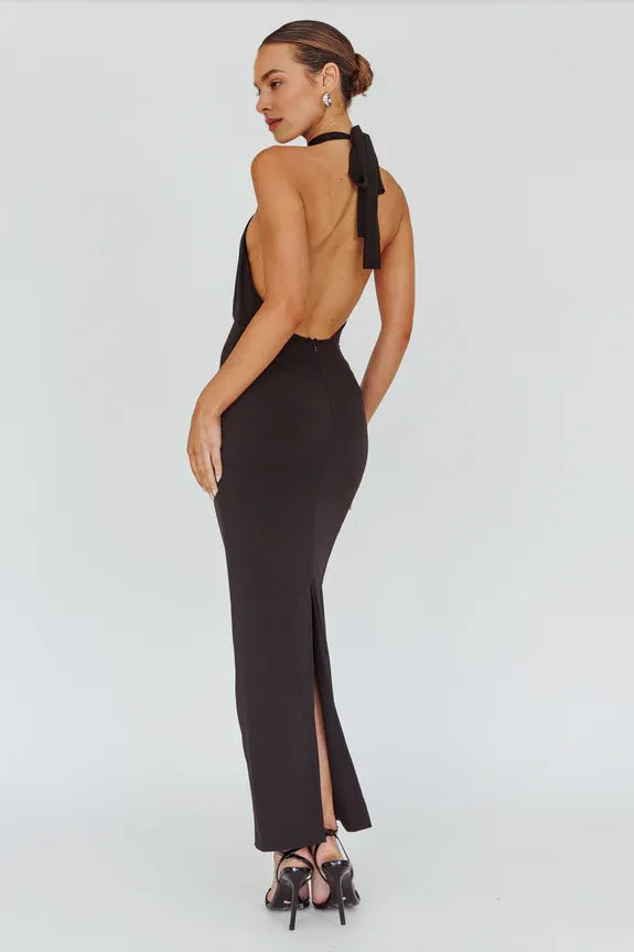 Halter Neck Rose Cut-Out Red Midi Evening Dress With Back Slit