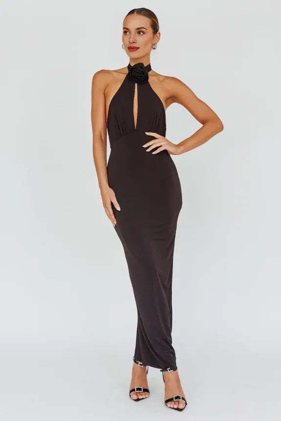 Halter Neck Rose Cut-Out Red Midi Evening Dress With Back Slit