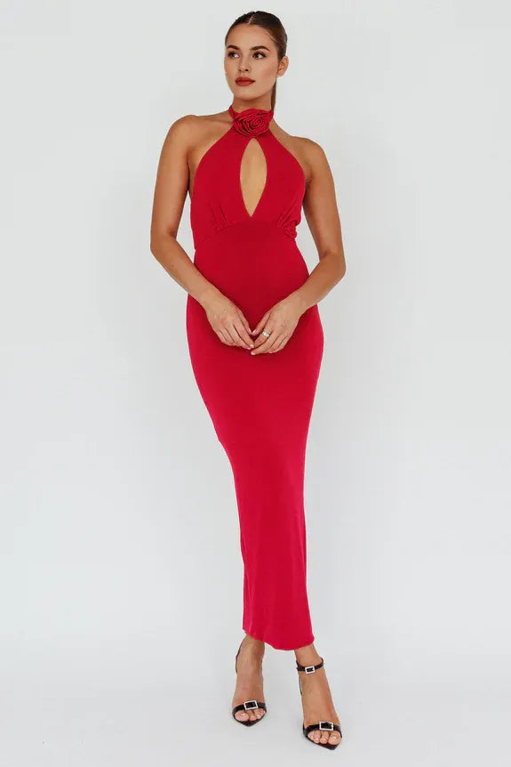 Halter Neck Rose Cut-Out Red Midi Evening Dress With Back Slit