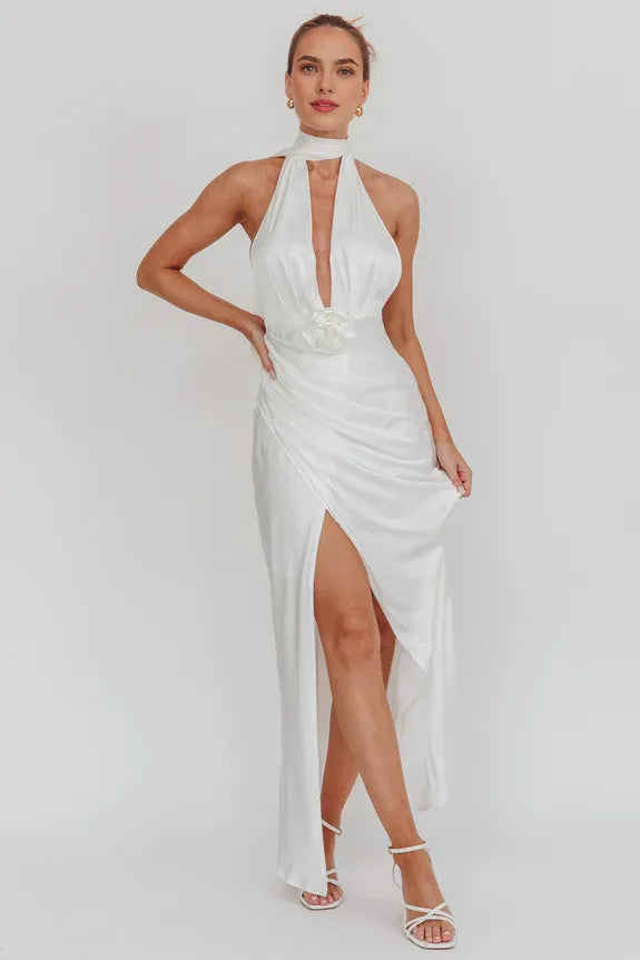 Halter Neck Rosette Cutout Open Back Satin Oyster Maxi Evening Dress