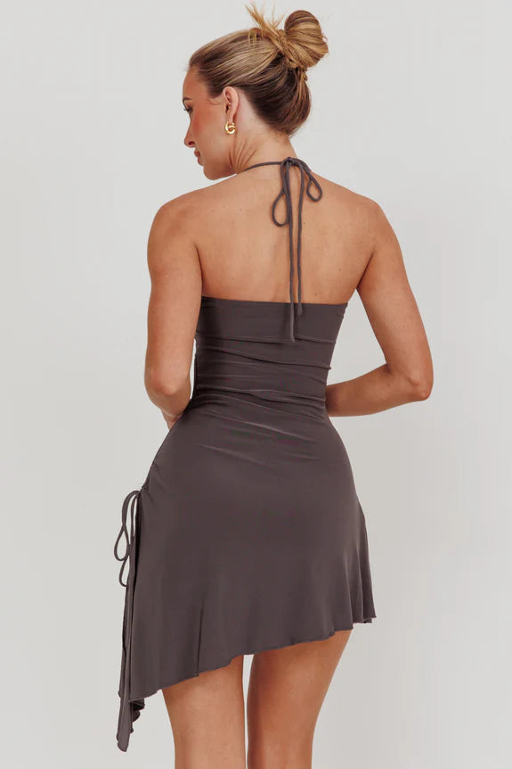 Halter Neck Ruched Side Charcoal Mini Homecoming Dress With Asymmetric Hem