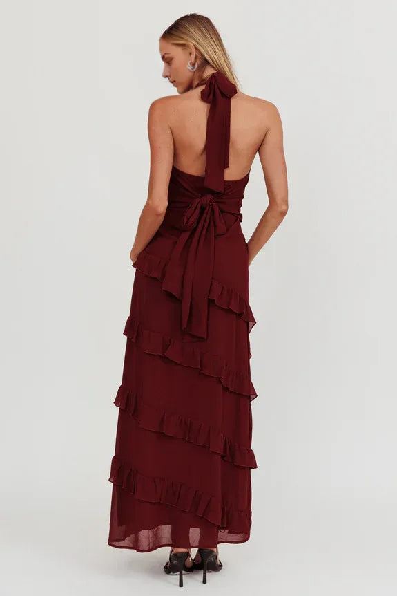 Halter Neck Ruffle Trim Wine Maxi Homecoming Dress Prom Dress