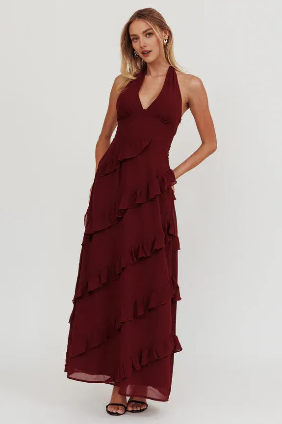 Halter Neck Ruffle Trim Wine Maxi Homecoming Dress Prom Dress