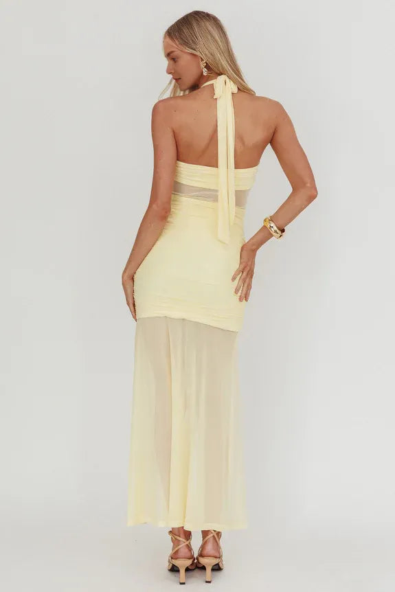 Halter Neck Sheer Insert Ruched Yellow Maxi Prom Dress With Slit