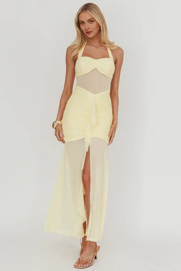 Halter Neck Sheer Insert Ruched Yellow Maxi Prom Dress With Slit