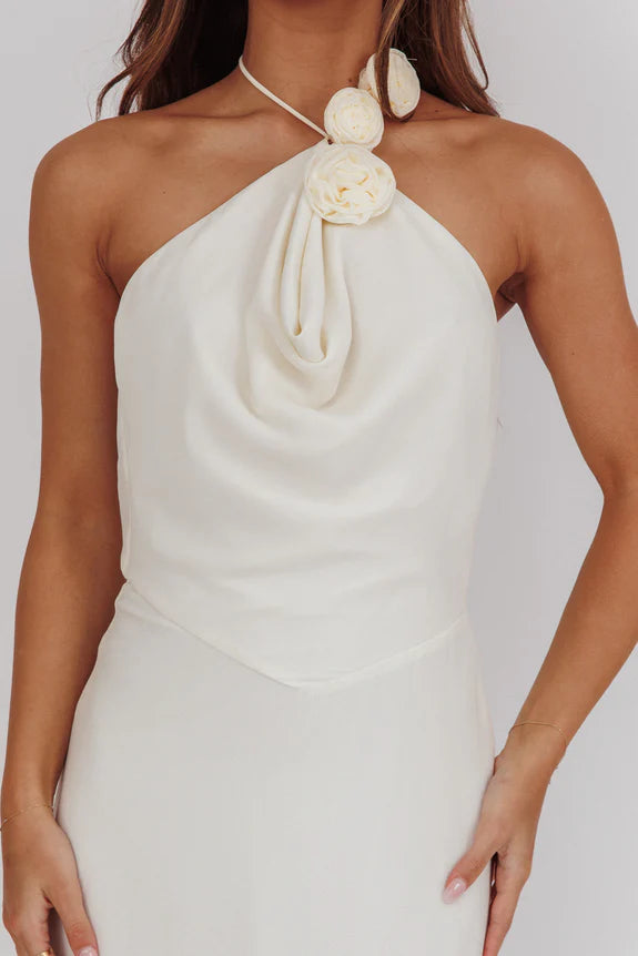 Halter Neck Sleeveless 3D Flowers Open Back Eggshell Maxi Prom Dress