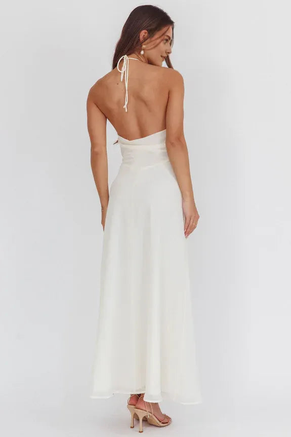 Halter Neck Sleeveless 3D Flowers Open Back Eggshell Maxi Prom Dress