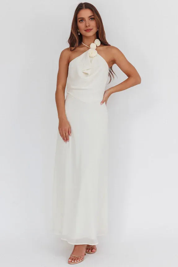 Halter Neck Sleeveless 3D Flowers Open Back Eggshell Maxi Prom Dress