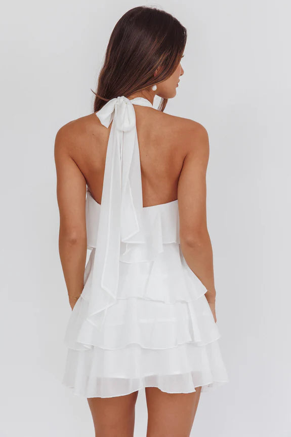 Halter Neck Sleeveless Ruffle Layered White Mini Homecoming Dress