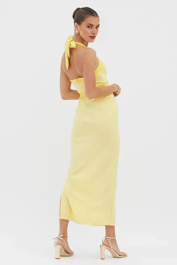 Halter Neck Sleeveless Splicing Yellow Midi Evening Dress With Slit