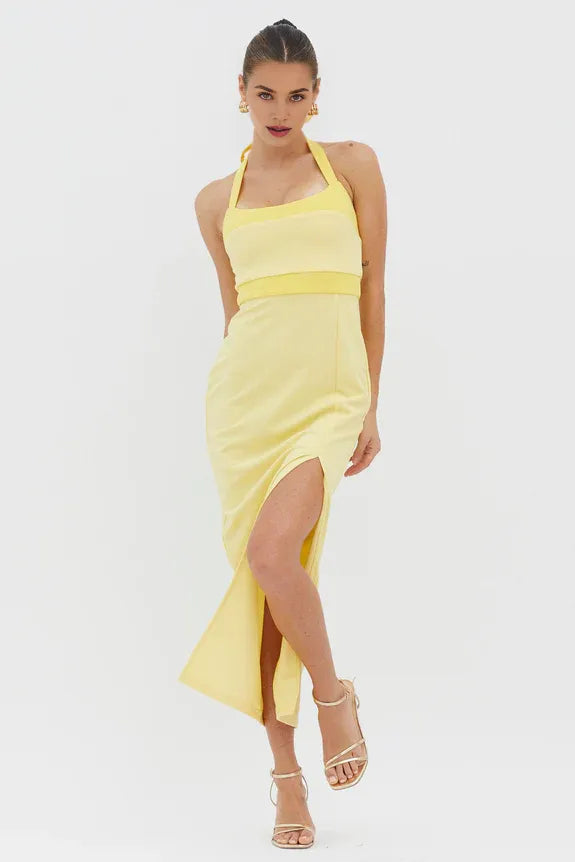 Halter Neck Sleeveless Splicing Yellow Midi Evening Dress With Slit