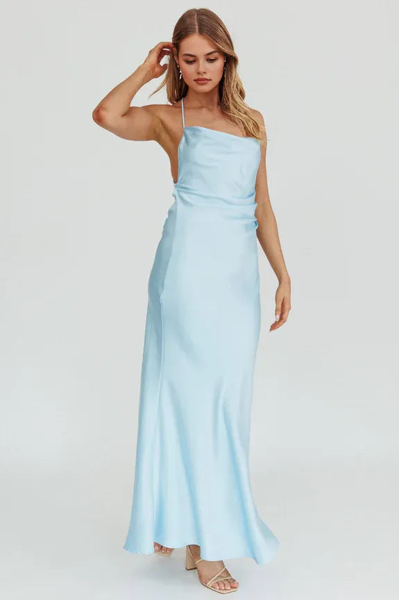 Halter Neck Strappy Tie Gold Chain Low Back Satin Baby Blue Maxi Evening Dress