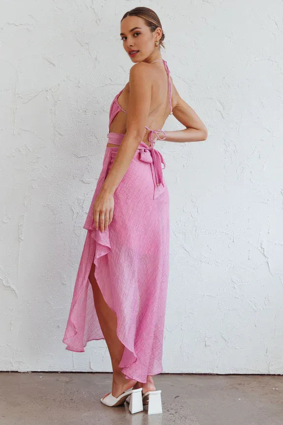 Halter Neck Tie Ruffle Cutout Open Back Pink Midi Evening Dress For Sale