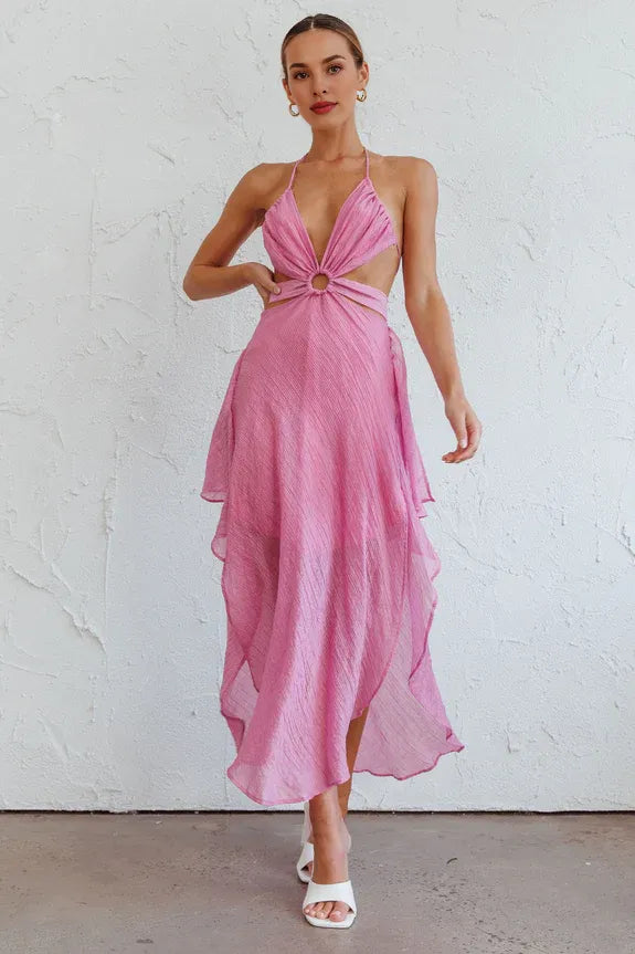 Halter Neck Tie Ruffle Cutout Open Back Pink Midi Evening Dress For Sale