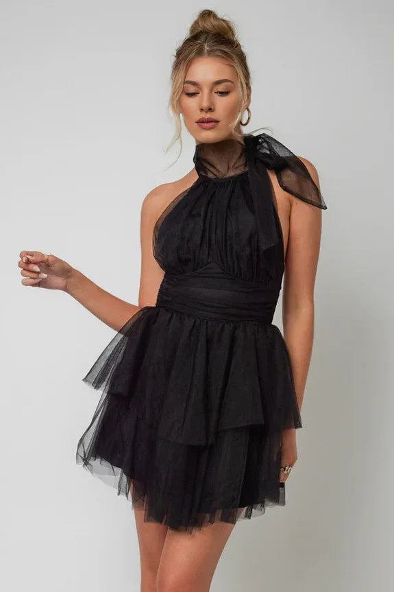 Halter Neck Tiered Open Back Tulle Black Mini Homecoming Dress