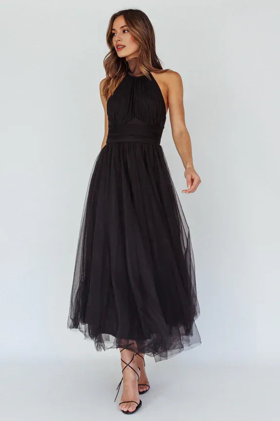 Halter Neck Tulle Black Midi Evening Dress Prom Dress Ready To Ship