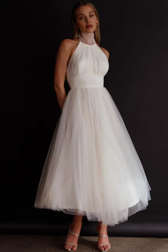 Halter Neck Tulle Black Midi Evening Dress Prom Dress Ready To Ship