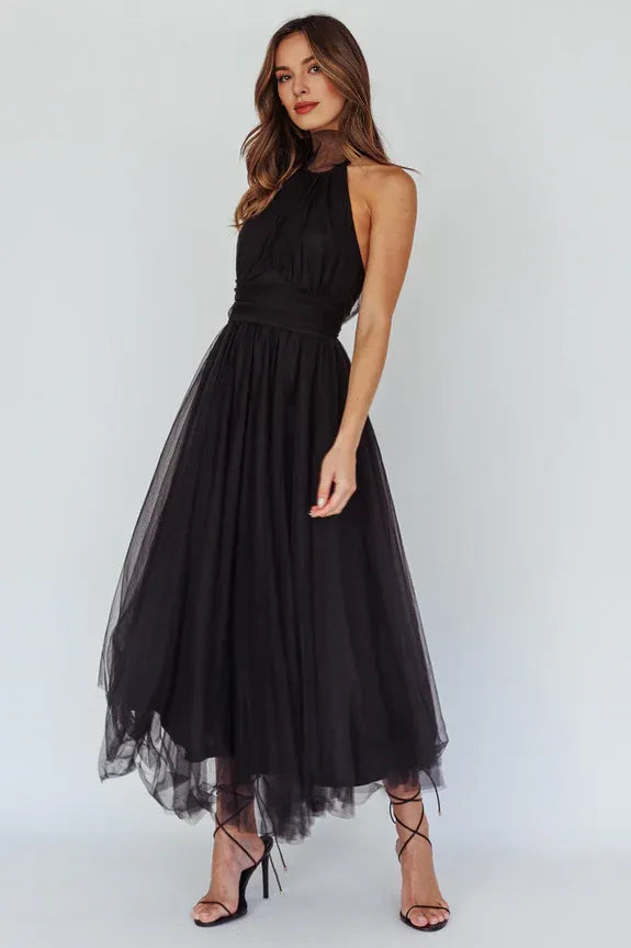 Halter Neck Tulle Black Midi Evening Dress Prom Dress Ready To Ship