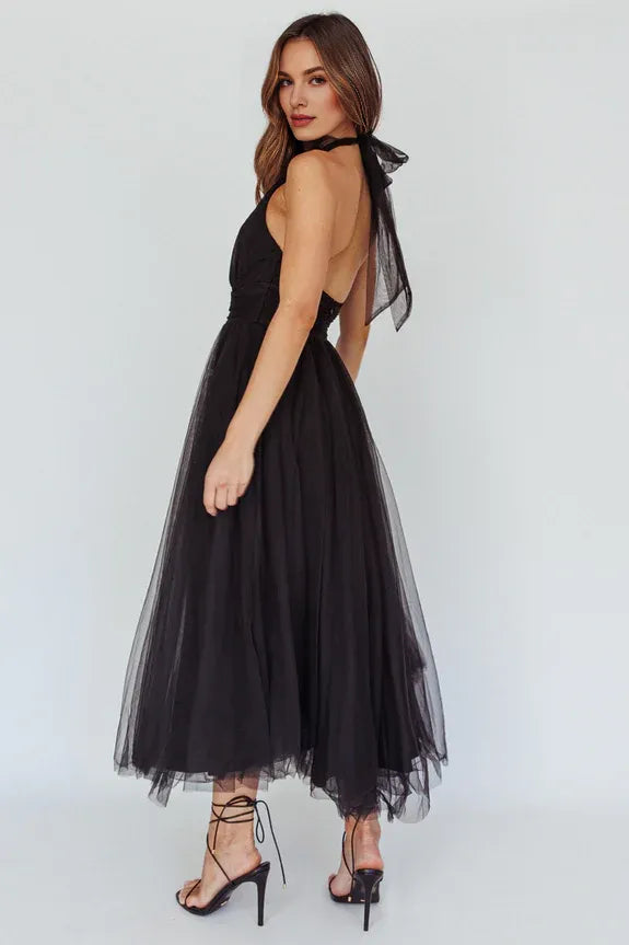Halter Neck Tulle Black Midi Evening Dress Prom Dress Ready To Ship