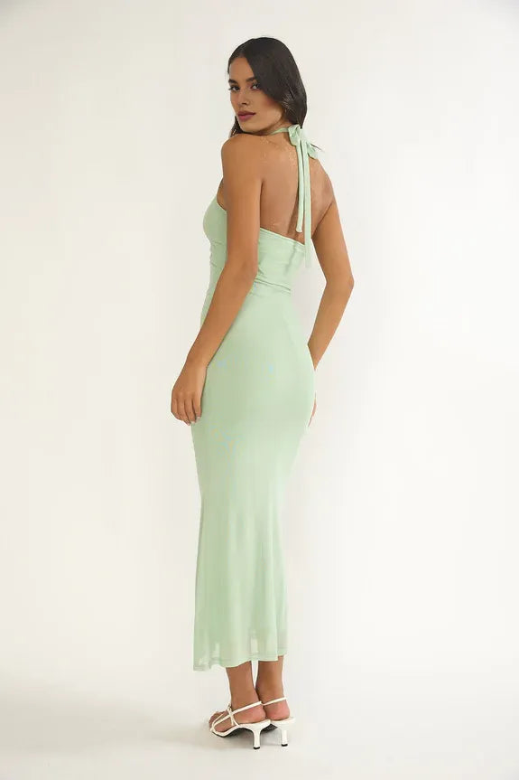 Halter Neck Twist Bodice Keyhole Mesh Sage Maxi Evening Dress Party Dress