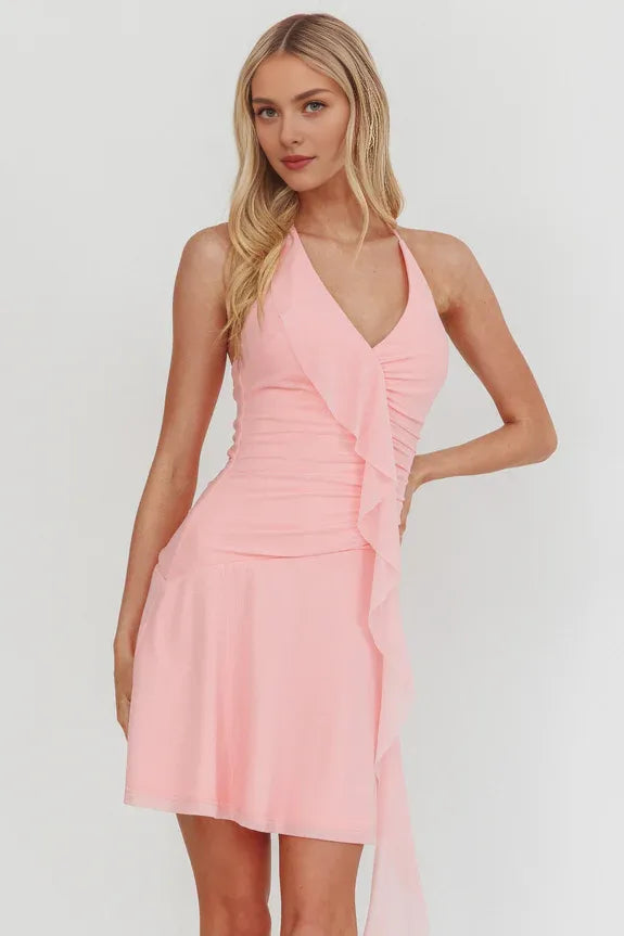 Halter Neckline Ruffle Trim Pink Mini Homecoming Dress With Streamer