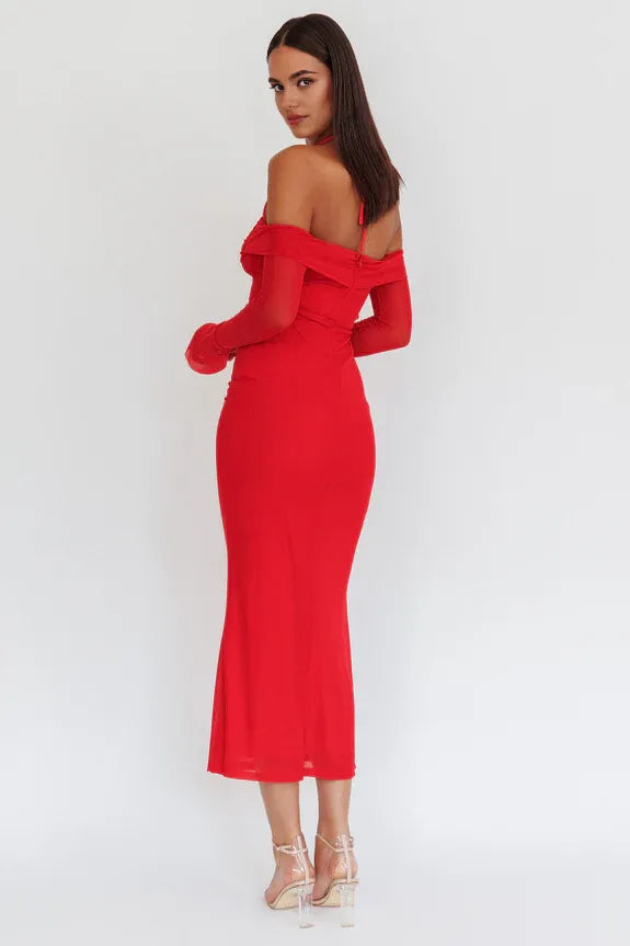 Halter Off-Shoulder Long Sleeves Red Maxi Homecoming Dress Prom Dress